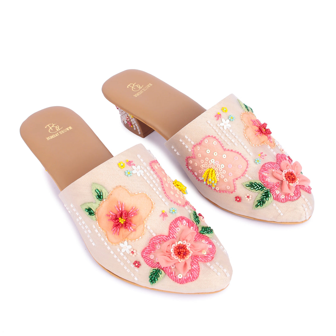 Blushing Breeze 3D Hand Embroidered Block Heel Mule