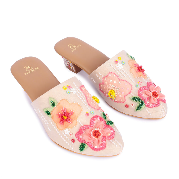 Blushing Breeze 3D Hand Embroidered Block Heel Mule