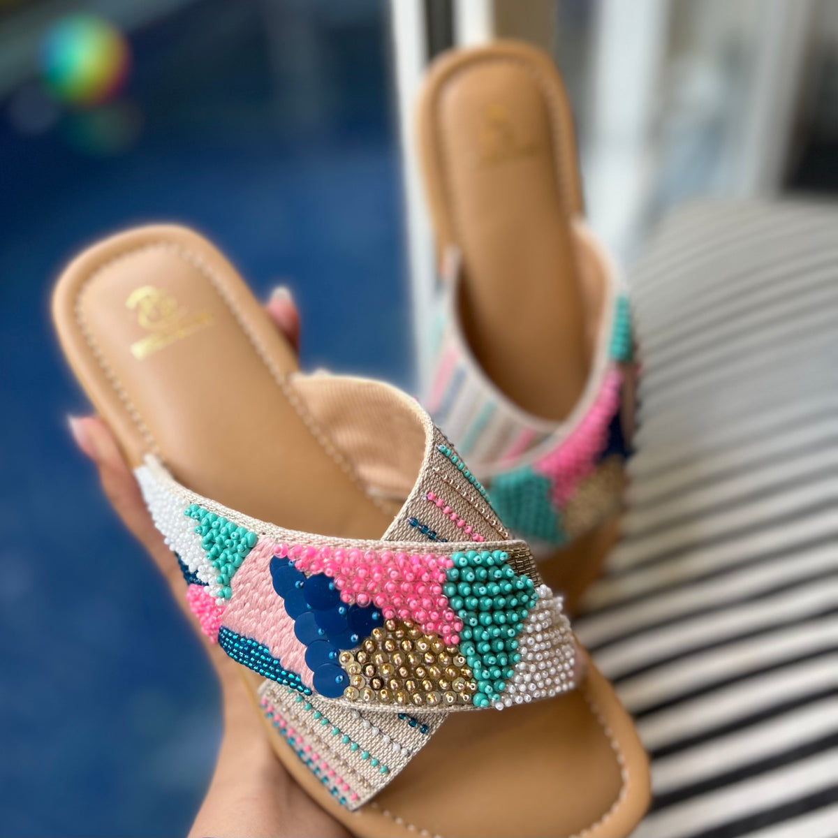 Beige Criss Cross Woven Slides