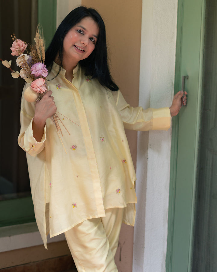 Floral Sprinkle | Hand Embroidered Chanderi Shirt