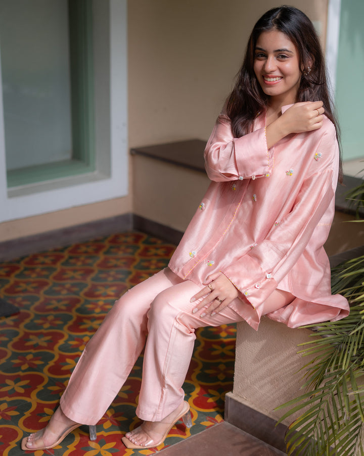 Floral Sprinkle | Hand Embroidered Chanderi Shirt