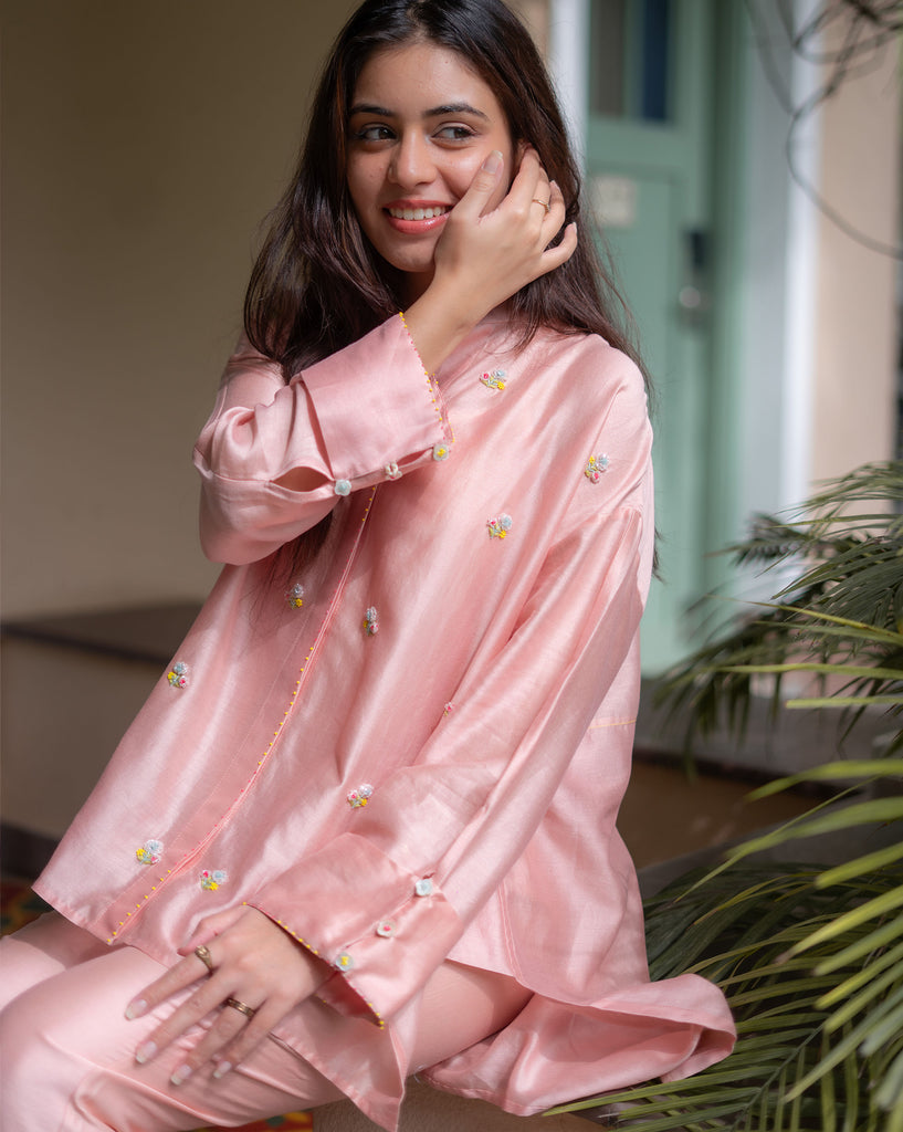 Floral Sprinkle | Hand Embroidered Chanderi Shirt