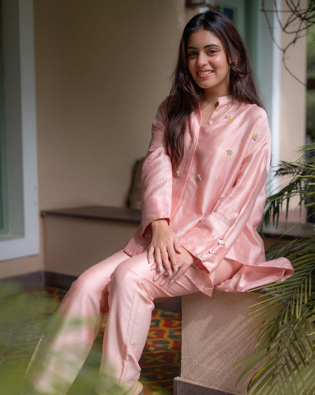 Floral Sprinkle | Hand Embroidered Chanderi Shirt