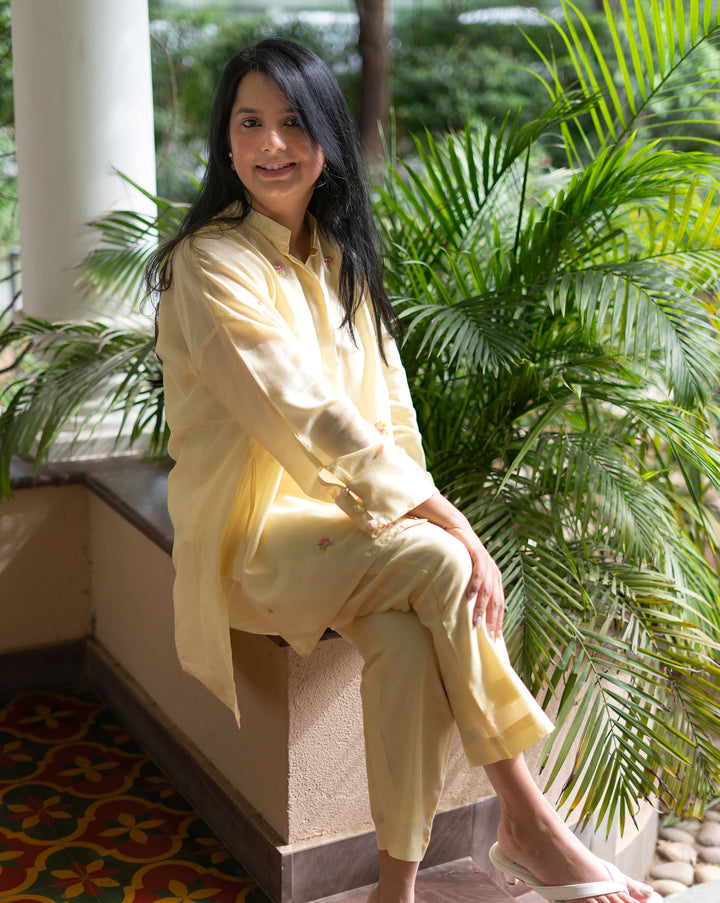 Floral Sprinkle | Hand Embroidered Chanderi Shirt