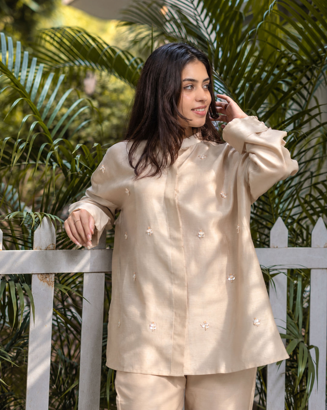 Floral Sprinkle | Hand Embroidered Chanderi Shirt