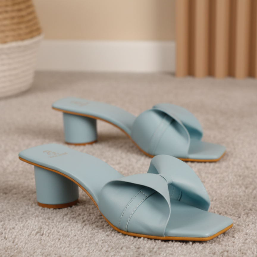 Powder Blue Bow Round Block Heels